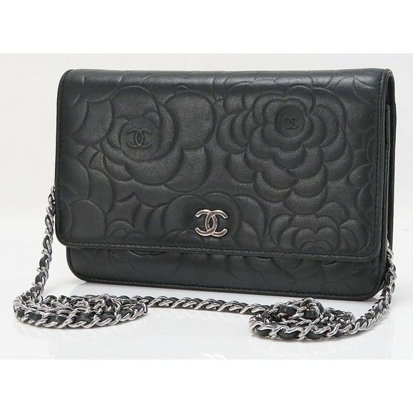 CHANEL Black Camellia Pattern Leather Wallet on Chain Bag WOC - Picture 2 of 12